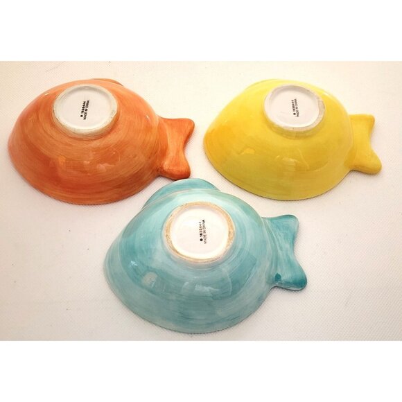 CONDIMENT/SERVING BOWLS-Colorful-Whimsical-Fish-Blue Yellow Green Orange-Set 3 - Picture 6 of 9